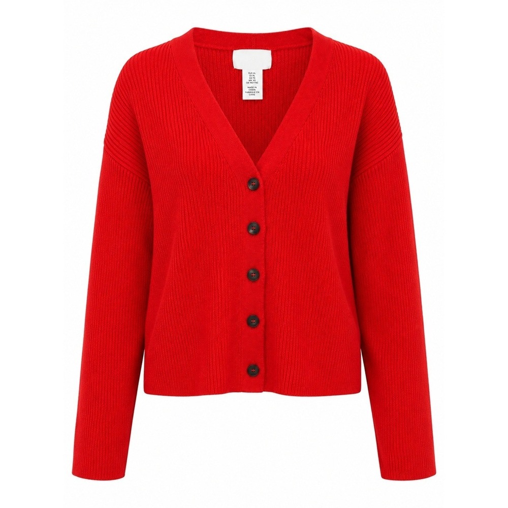 HM Red Ribbed Knit V-Neck Cardigan Sweater‎ XL New With Tags